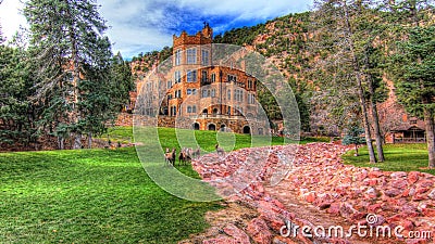 Stylized view of Rocky Mountain Sheep Herd at Glen Eyrie Castle Colorado Springs, CO USA Stock Photo